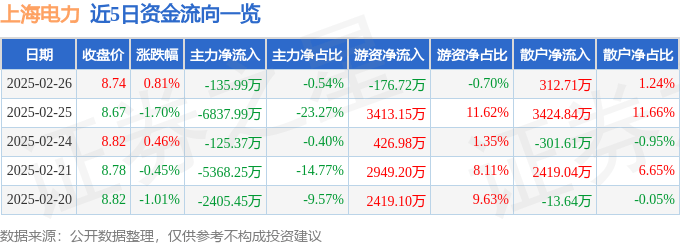 股票行情快报：上海电力（600021）2月26日主力资金净卖出135.99万元