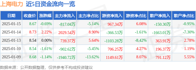 股票行情快报：上海电力（600021）1月15日主力资金净卖出817.04万元