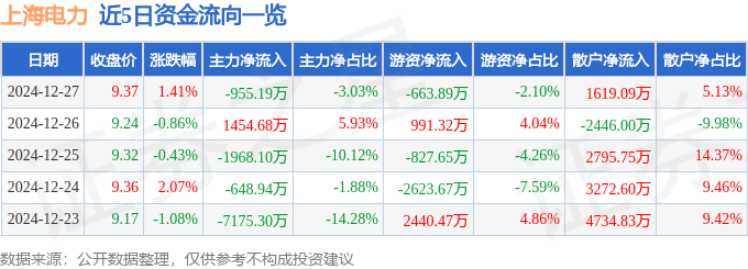 股票行情快报：上海电力（600021）12月27日主力资金净卖出955.19万元
