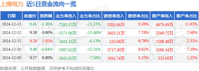 股票行情快报：上海电力（600021）12月13日主力资金净卖出7282.15万元