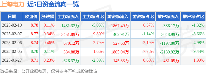 股票行情快报：上海电力（600021）2月10日主力资金净卖出1481.32万元