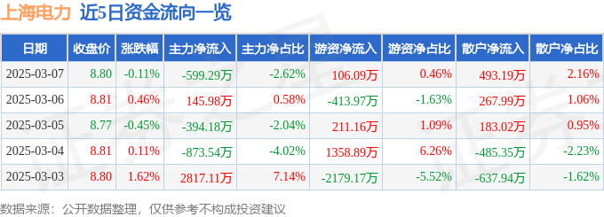 股票行情快报：上海电力（600021）3月7日主力资金净卖出599.29万元