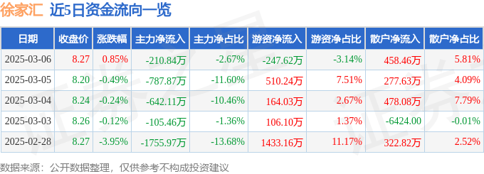 股票行情快报：徐家汇（002561）3月6日主力资金净卖出210.84万元