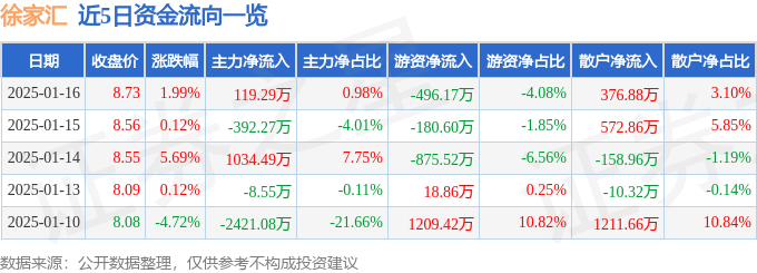 股票行情快报：徐家汇（002561）1月16日主力资金净买入119.29万元