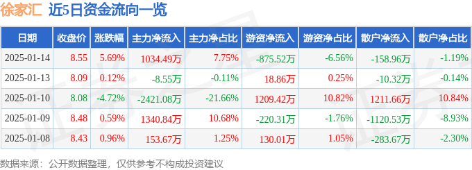 股票行情快报：徐家汇（002561）1月14日主力资金净买入1034.49万元