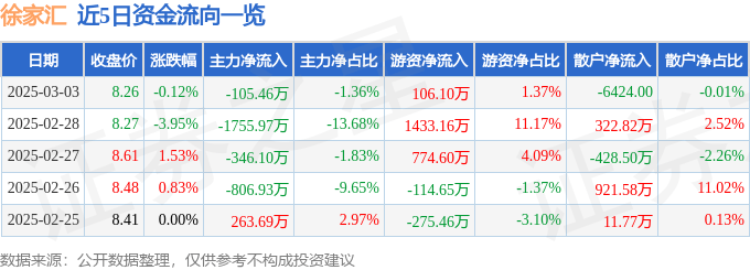 股票行情快报：徐家汇（002561）3月3日主力资金净卖出105.46万元