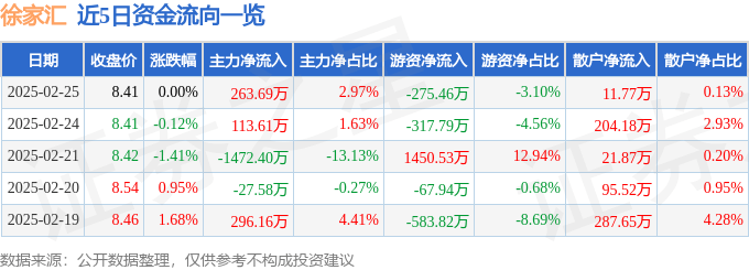 股票行情快报：徐家汇（002561）2月25日主力资金净买入263.69万元