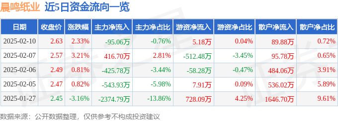 股票行情快报：晨鸣纸业（000488）2月10日主力资金净卖出95.06万元