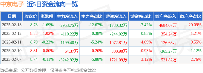 股票行情快报：中京电子（002579）2月13日主力资金净卖出2953.75万元