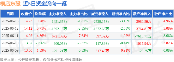 横店东磁（002056）6月13日主力资金净卖出1451.35万元