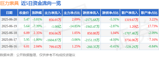 股票行情快报：巨力索具（002342）6月20日主力资金净买入856.01万元