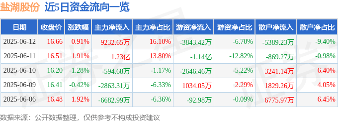 股票行情快报：盐湖股份（000792）6月12日主力资金净买入9232.65万元