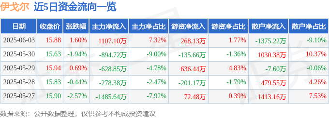 股票行情快报：伊戈尔（002922）6月3日主力资金净买入1107.10万元