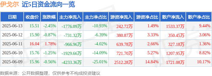 股票行情快报：伊戈尔（002922）6月13日主力资金净卖出1776.09万元